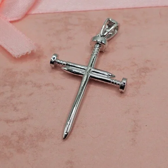 Sterling Silver 925 Rhodium Plated Nail Cross Moissanite Pendant - Picture 5 of 7